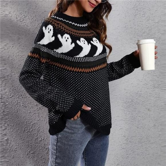Halloween Ghost Knit Sweater – Gothic Long Sleeve Pullover Streetwear Top - Picture 3 of 4